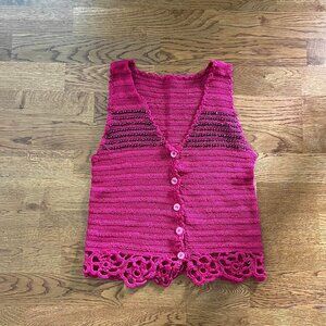 Vintage Crochet Women's Pink Vest Button Front Knit Beaded Missoni Lace Floral V